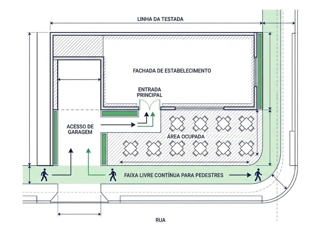 Diagrama de layout para mesas e cadeiras com faixa livre na calçada